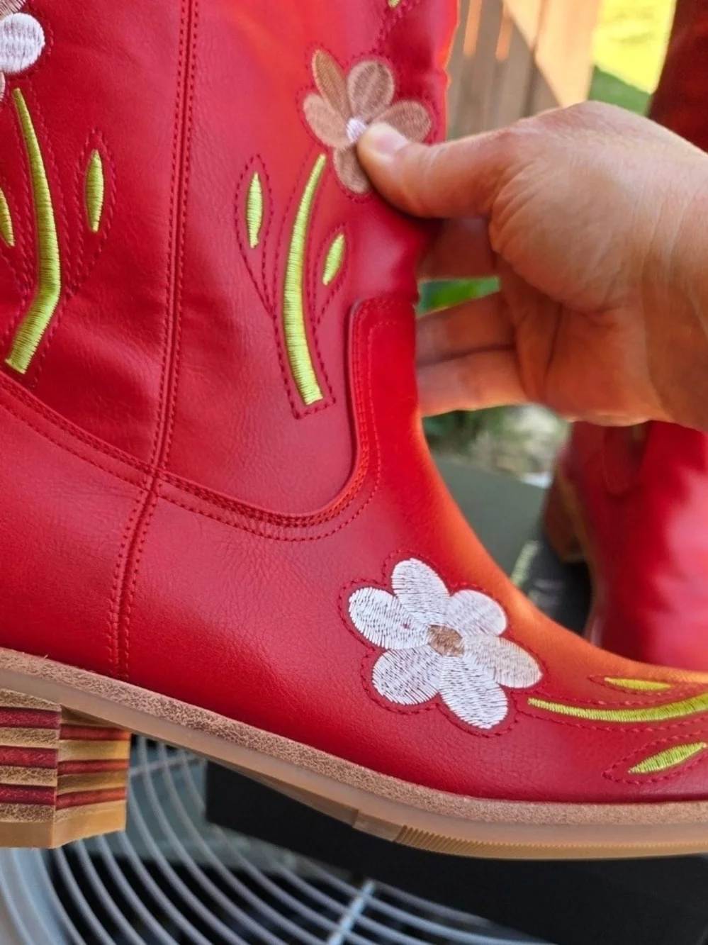 NEW in box, Ladies size 10 red knee high boots with floral pattern